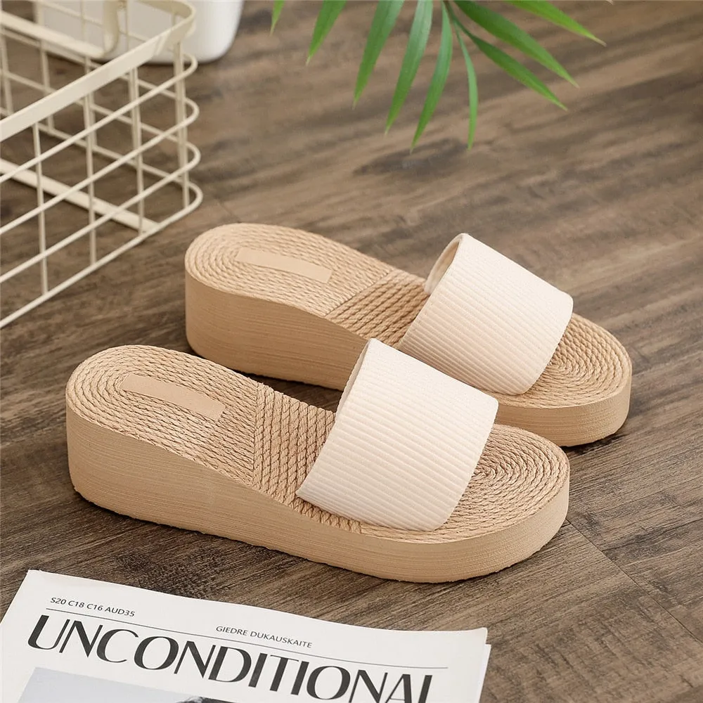 Bjlxn 2023 Beach Faux Linen Women Slippers Flat Heel Outdoor Summer Lightweight Slides Sewing Cross Strap Ladies Shoes Female Sandals