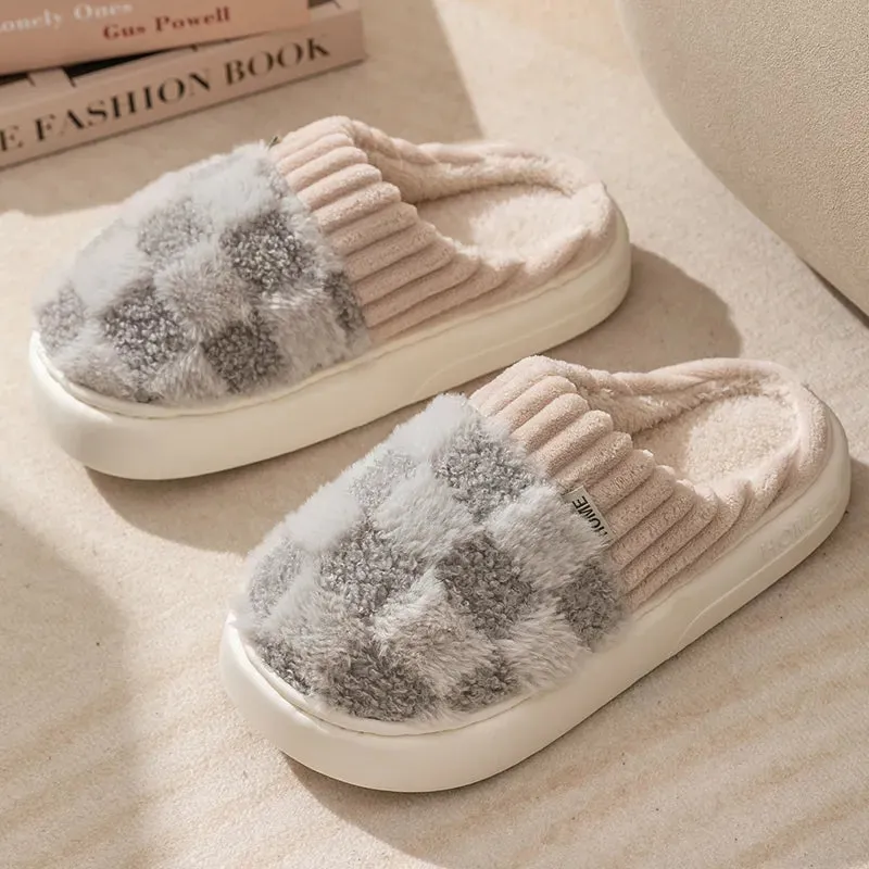 Winter Toe Wrap Warm Plaid Cotton Slippers Thick Soft Sole Slides