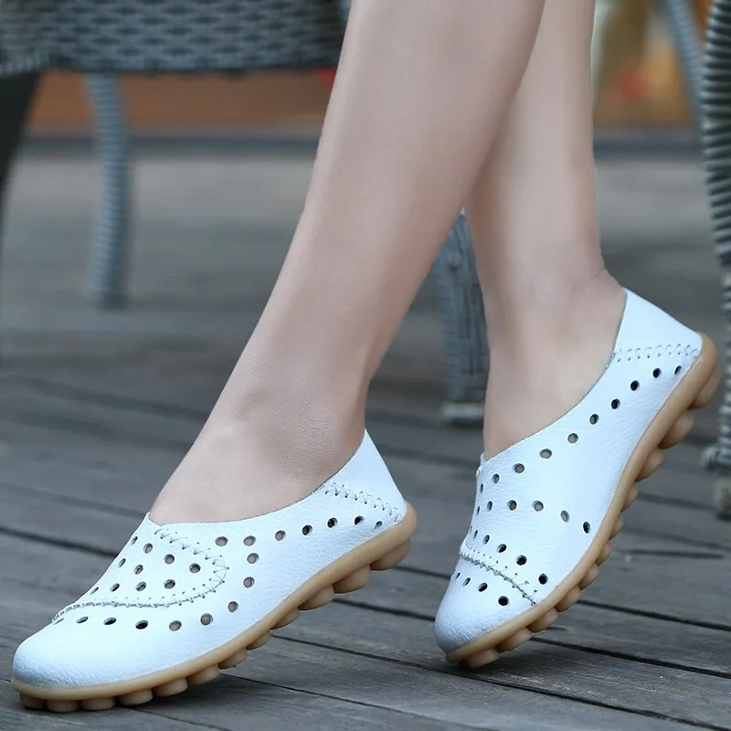 Women's Sneakers Summer Fashion Casual Shoes Slip-On Small Hole Breathable Leather Sewing Falt Shoes For Women Zapatos